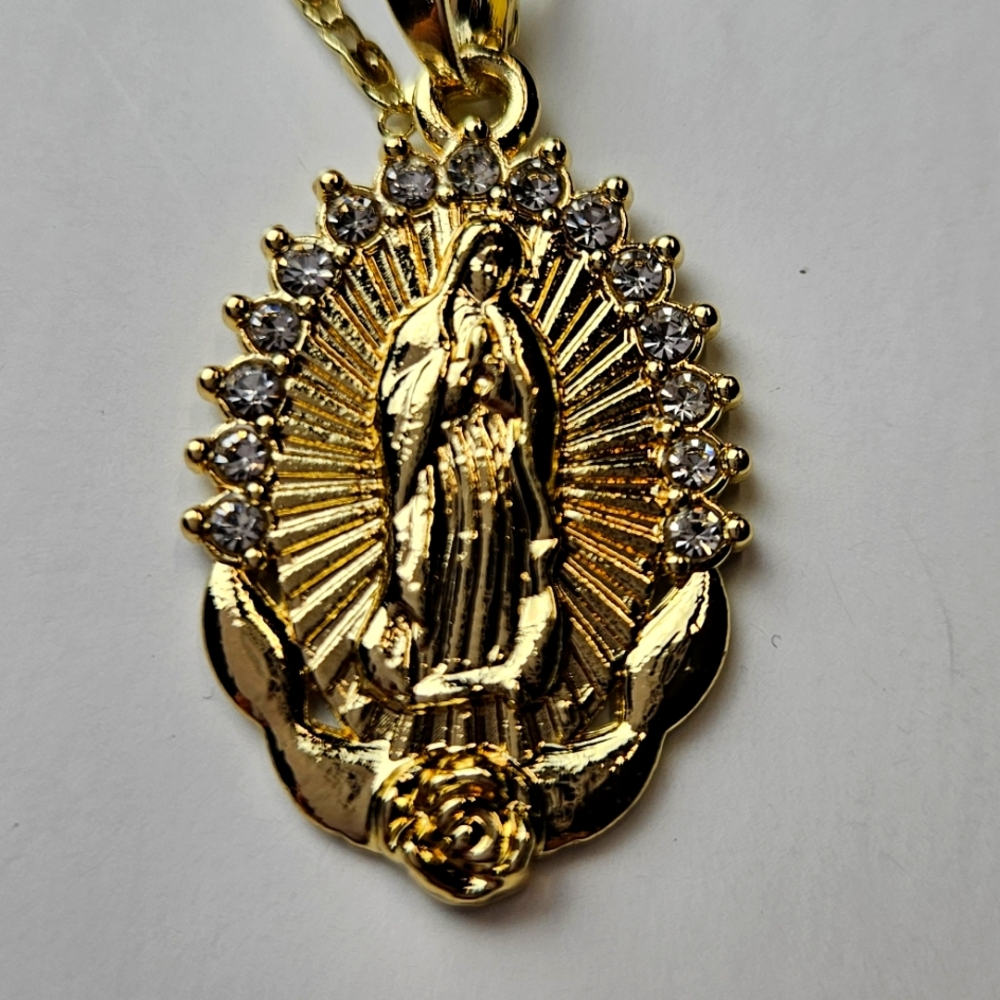 Rhinestone Mary Image Oval Pendent and Chain Necklace